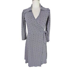 Laundry By Shelli Segal XS Geometric Wrap Dress Navy White 3/4 Sleeve